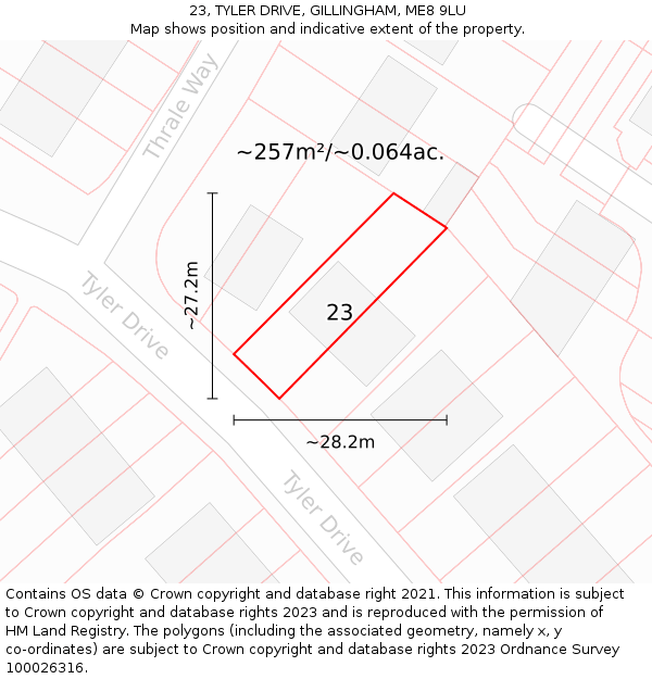 23, TYLER DRIVE, GILLINGHAM, ME8 9LU: Plot and title map