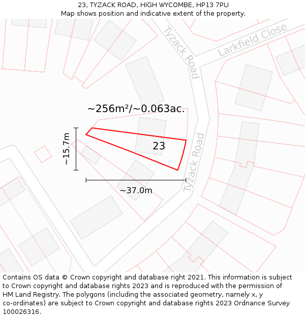 23, TYZACK ROAD, HIGH WYCOMBE, HP13 7PU: Plot and title map