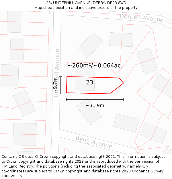 23, UNDERHILL AVENUE, DERBY, DE23 8WD: Plot and title map