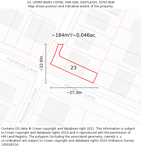 23, UPPER BARN COPSE, FAIR OAK, EASTLEIGH, SO50 8DB: Plot and title map