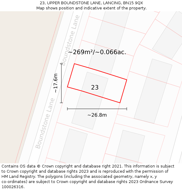 23, UPPER BOUNDSTONE LANE, LANCING, BN15 9QX: Plot and title map