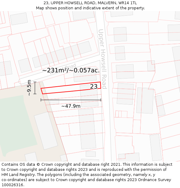 23, UPPER HOWSELL ROAD, MALVERN, WR14 1TL: Plot and title map