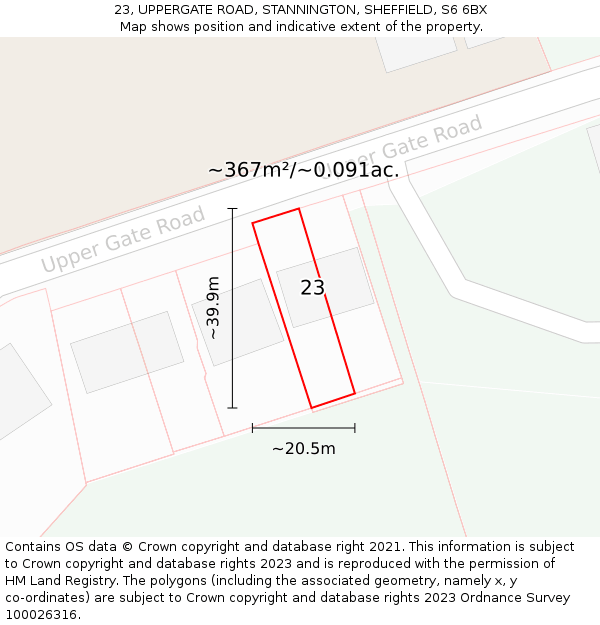 23, UPPERGATE ROAD, STANNINGTON, SHEFFIELD, S6 6BX: Plot and title map