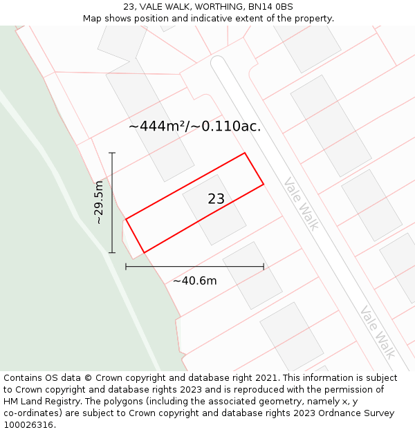 23, VALE WALK, WORTHING, BN14 0BS: Plot and title map