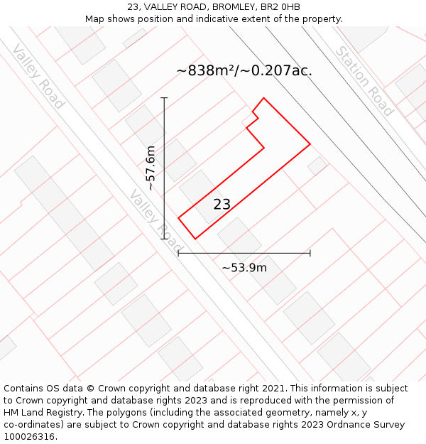 23, VALLEY ROAD, BROMLEY, BR2 0HB: Plot and title map