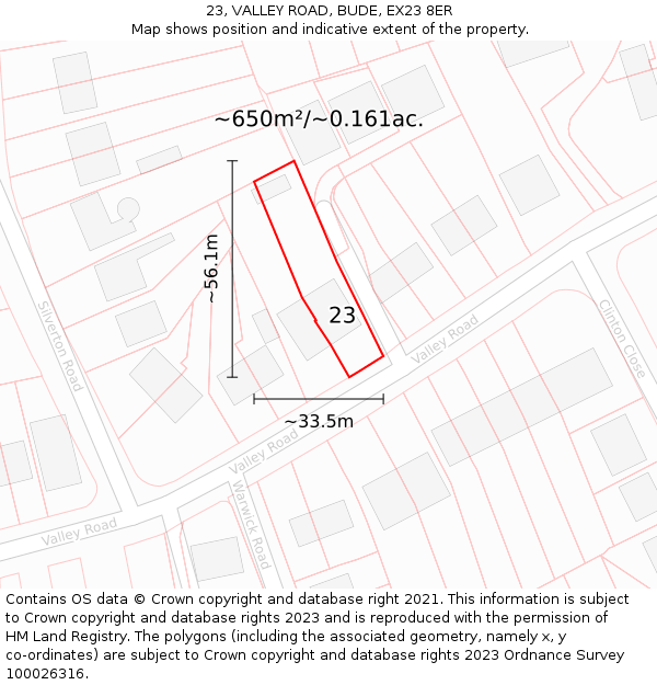 23, VALLEY ROAD, BUDE, EX23 8ER: Plot and title map