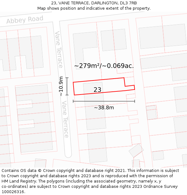 23, VANE TERRACE, DARLINGTON, DL3 7RB: Plot and title map
