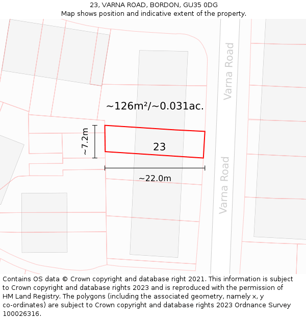 23, VARNA ROAD, BORDON, GU35 0DG: Plot and title map