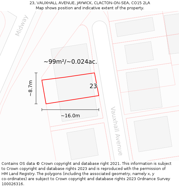 23, VAUXHALL AVENUE, JAYWICK, CLACTON-ON-SEA, CO15 2LA: Plot and title map