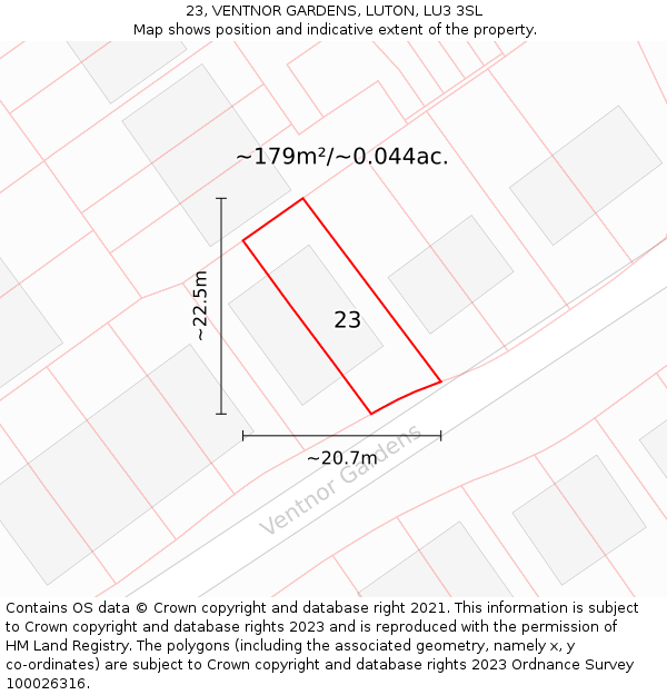 23, VENTNOR GARDENS, LUTON, LU3 3SL: Plot and title map
