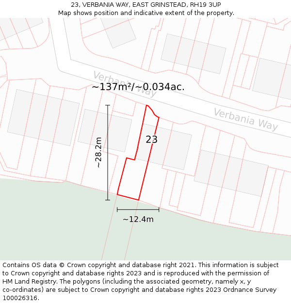 23, VERBANIA WAY, EAST GRINSTEAD, RH19 3UP: Plot and title map