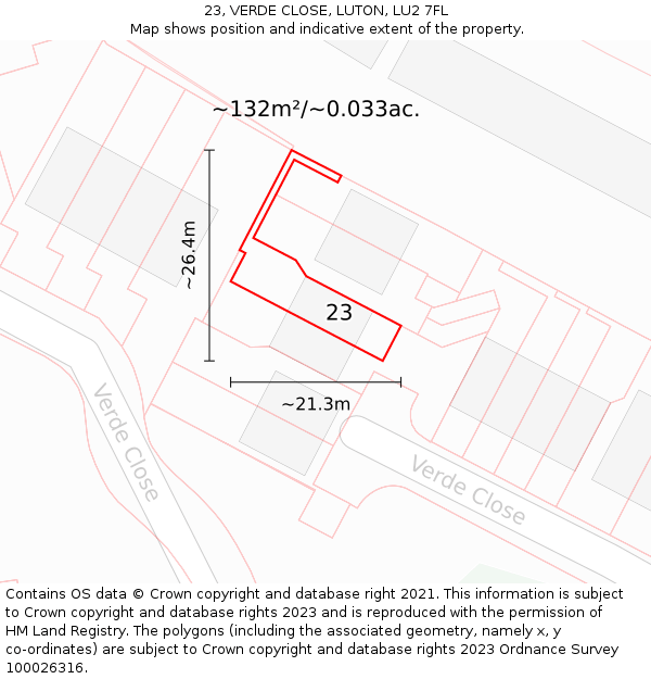 23, VERDE CLOSE, LUTON, LU2 7FL: Plot and title map