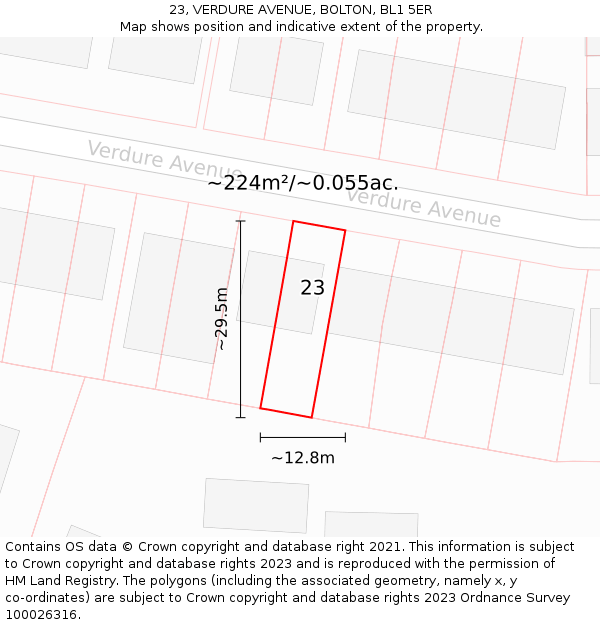 23, VERDURE AVENUE, BOLTON, BL1 5ER: Plot and title map