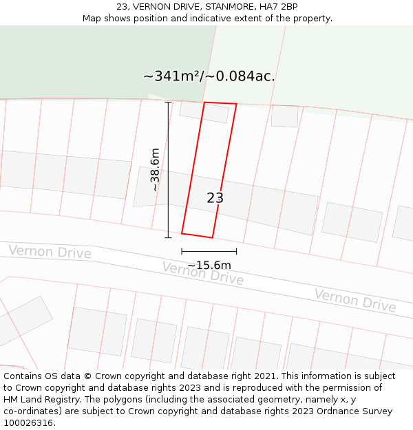23, VERNON DRIVE, STANMORE, HA7 2BP: Plot and title map