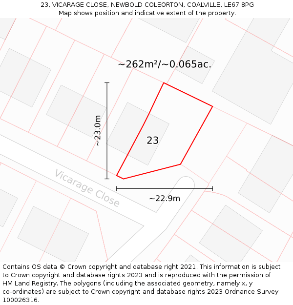 23, VICARAGE CLOSE, NEWBOLD COLEORTON, COALVILLE, LE67 8PG: Plot and title map