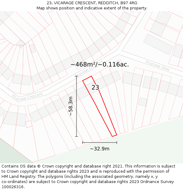 23, VICARAGE CRESCENT, REDDITCH, B97 4RG: Plot and title map