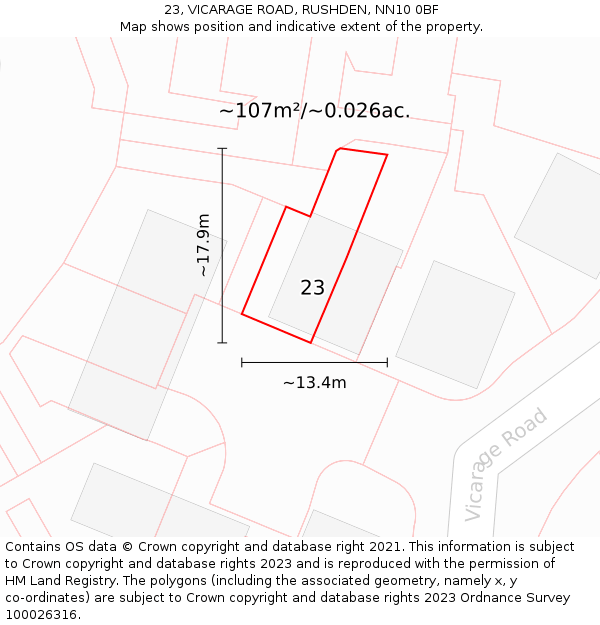 23, VICARAGE ROAD, RUSHDEN, NN10 0BF: Plot and title map