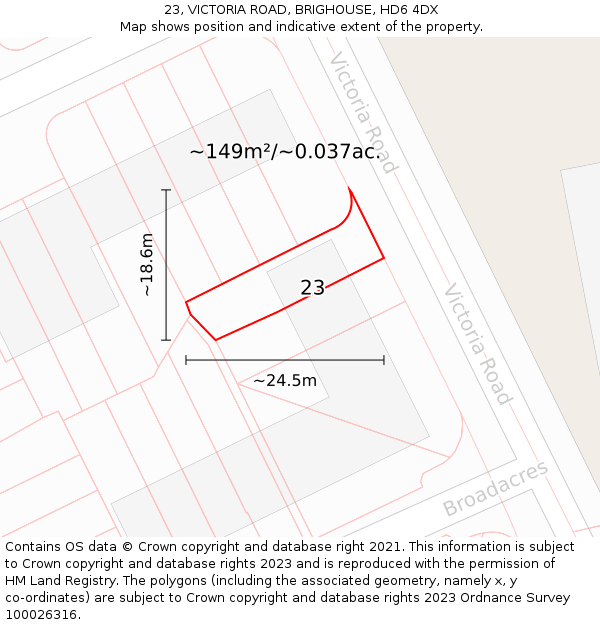 23, VICTORIA ROAD, BRIGHOUSE, HD6 4DX: Plot and title map