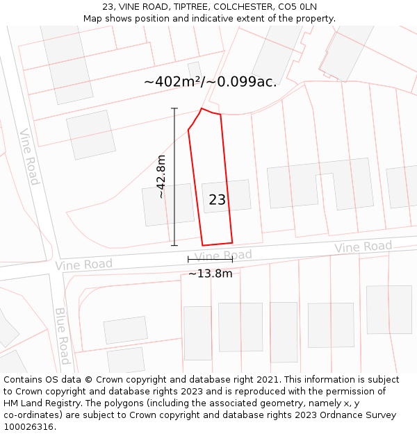 23, VINE ROAD, TIPTREE, COLCHESTER, CO5 0LN: Plot and title map