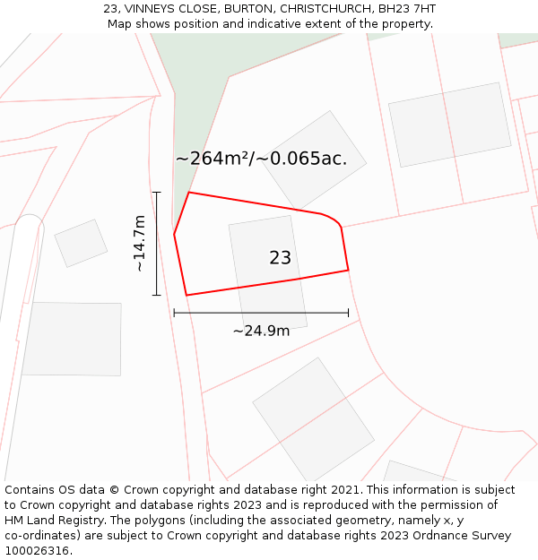 23, VINNEYS CLOSE, BURTON, CHRISTCHURCH, BH23 7HT: Plot and title map