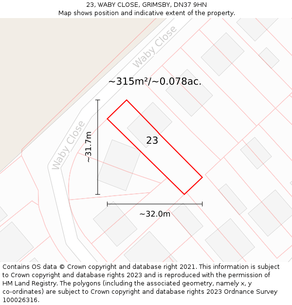 23, WABY CLOSE, GRIMSBY, DN37 9HN: Plot and title map