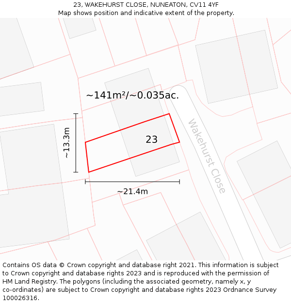 23, WAKEHURST CLOSE, NUNEATON, CV11 4YF: Plot and title map