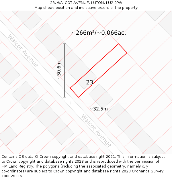 23, WALCOT AVENUE, LUTON, LU2 0PW: Plot and title map