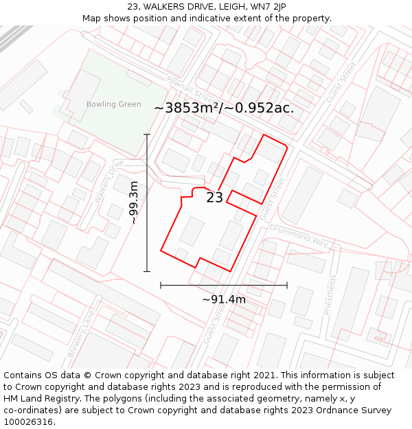 23, WALKERS DRIVE, LEIGH, WN7 2JP: Plot and title map