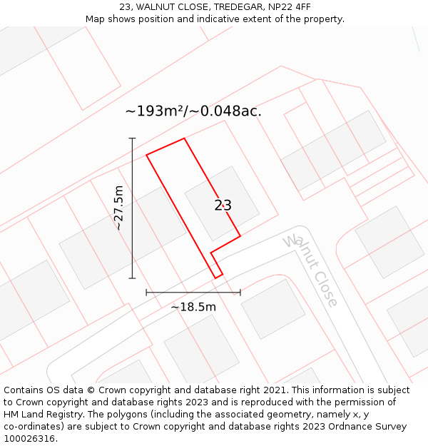 23, WALNUT CLOSE, TREDEGAR, NP22 4FF: Plot and title map