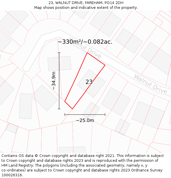 23, WALNUT DRIVE, FAREHAM, PO14 2DH: Plot and title map