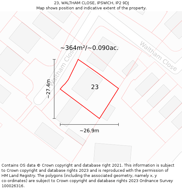 23, WALTHAM CLOSE, IPSWICH, IP2 9DJ: Plot and title map