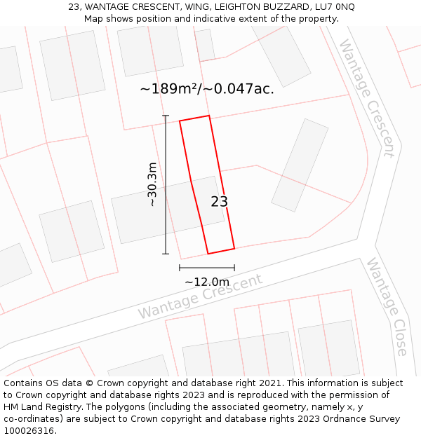 23, WANTAGE CRESCENT, WING, LEIGHTON BUZZARD, LU7 0NQ: Plot and title map