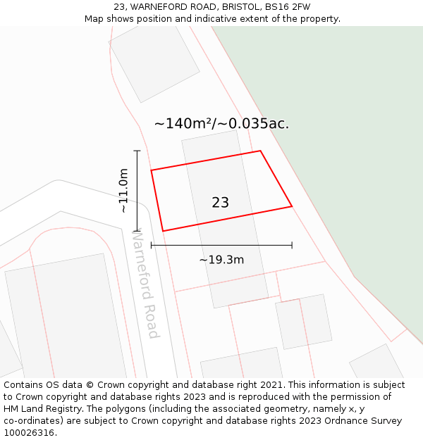 23, WARNEFORD ROAD, BRISTOL, BS16 2FW: Plot and title map