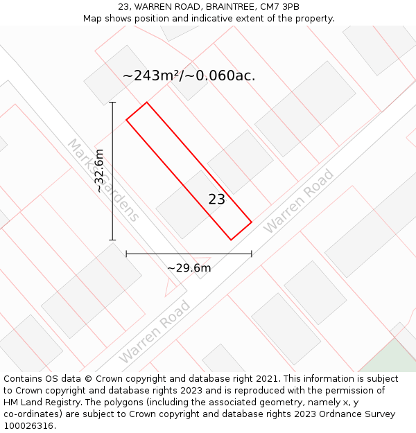 23, WARREN ROAD, BRAINTREE, CM7 3PB: Plot and title map