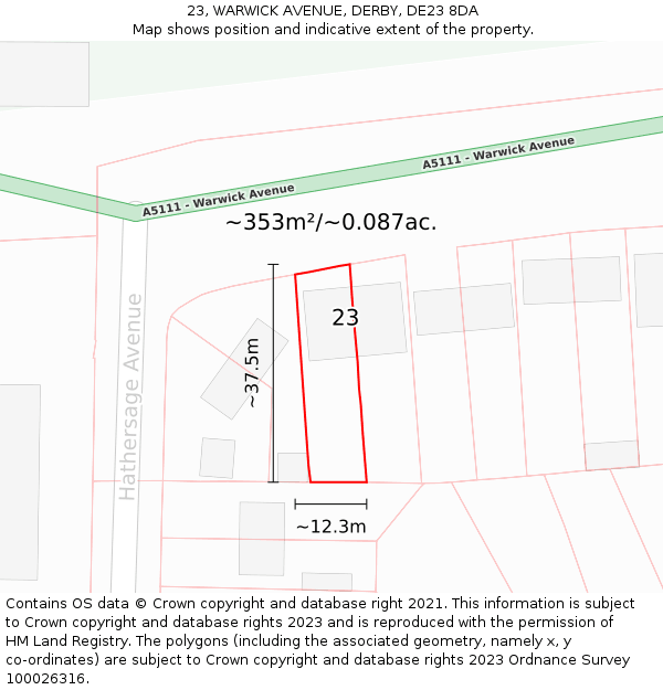 23, WARWICK AVENUE, DERBY, DE23 8DA: Plot and title map