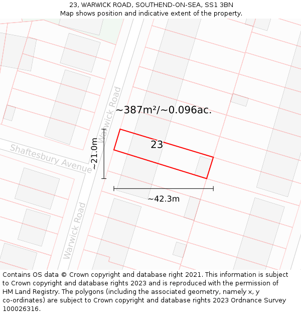 23, WARWICK ROAD, SOUTHEND-ON-SEA, SS1 3BN: Plot and title map