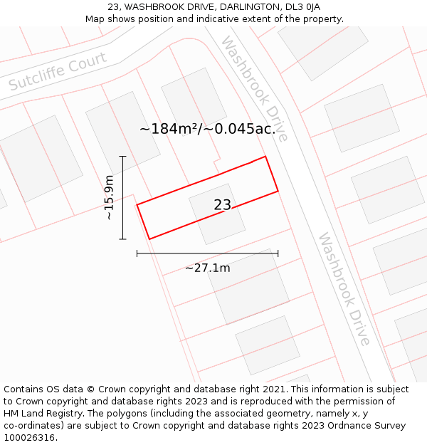 23, WASHBROOK DRIVE, DARLINGTON, DL3 0JA: Plot and title map