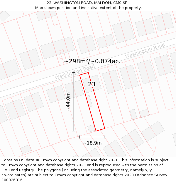 23, WASHINGTON ROAD, MALDON, CM9 6BL: Plot and title map