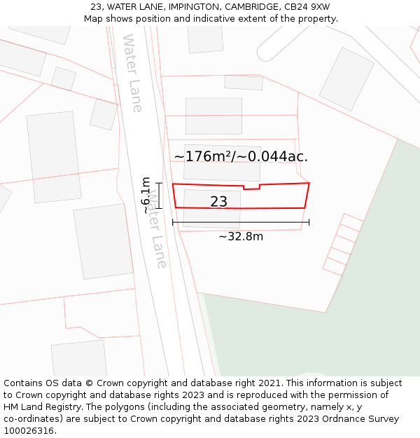 23, WATER LANE, IMPINGTON, CAMBRIDGE, CB24 9XW: Plot and title map