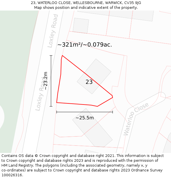 23, WATERLOO CLOSE, WELLESBOURNE, WARWICK, CV35 9JG: Plot and title map