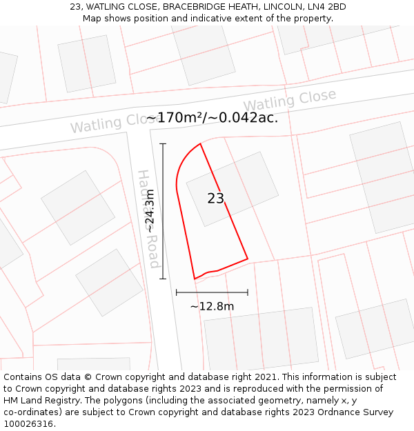 23, WATLING CLOSE, BRACEBRIDGE HEATH, LINCOLN, LN4 2BD: Plot and title map