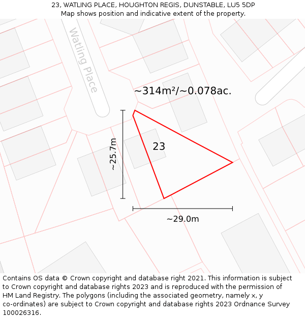 23, WATLING PLACE, HOUGHTON REGIS, DUNSTABLE, LU5 5DP: Plot and title map