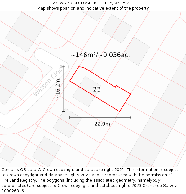 23, WATSON CLOSE, RUGELEY, WS15 2PE: Plot and title map