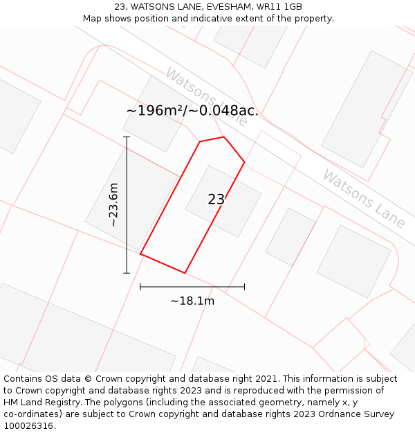 23, WATSONS LANE, EVESHAM, WR11 1GB: Plot and title map