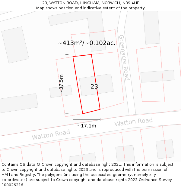 23, WATTON ROAD, HINGHAM, NORWICH, NR9 4HE: Plot and title map