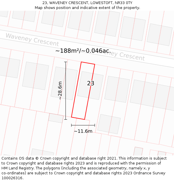23, WAVENEY CRESCENT, LOWESTOFT, NR33 0TY: Plot and title map