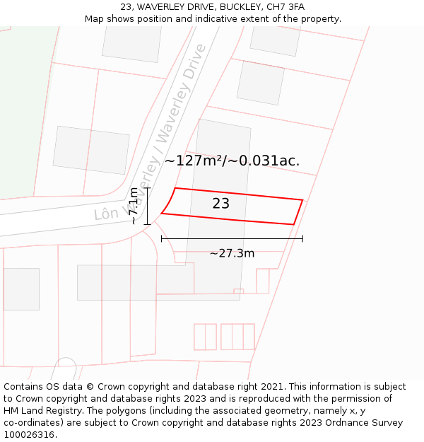 23, WAVERLEY DRIVE, BUCKLEY, CH7 3FA: Plot and title map