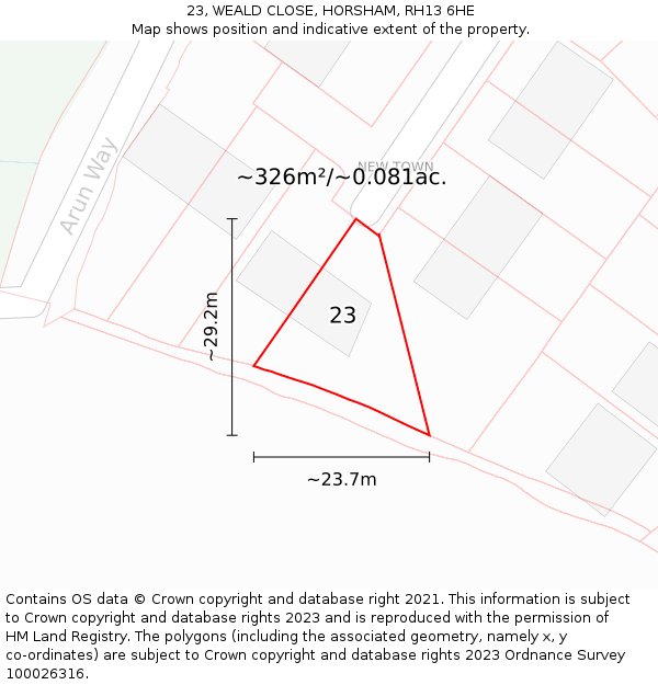 23, WEALD CLOSE, HORSHAM, RH13 6HE: Plot and title map