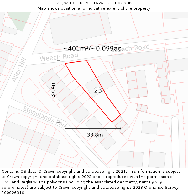 23, WEECH ROAD, DAWLISH, EX7 9BN: Plot and title map