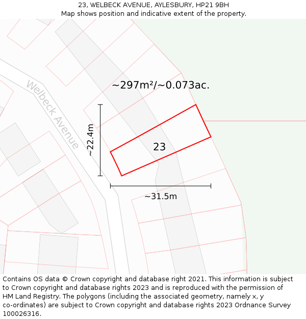 23, WELBECK AVENUE, AYLESBURY, HP21 9BH: Plot and title map